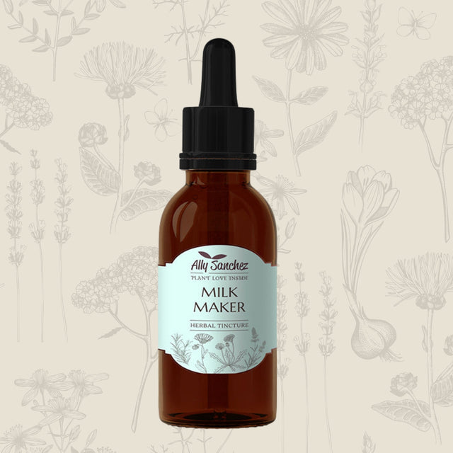 Milk Maker on a cream background with soft mixed botanical illustrations