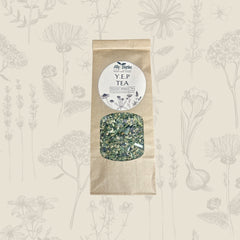Y.E.P Organic Tea — Yarrow, Elderflower & Peppermint on a cream background with soft mixed botanical illustrations