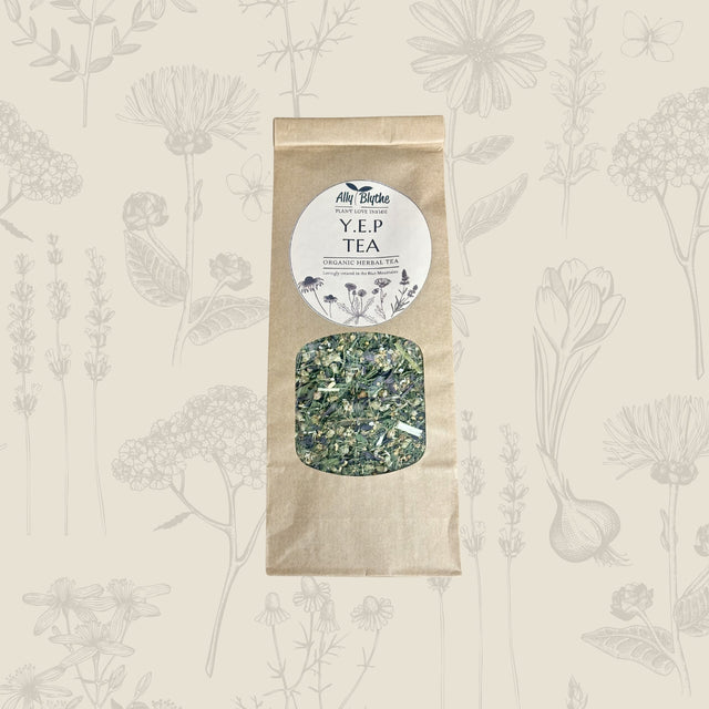 Y.E.P Organic Tea — Yarrow, Elderflower & Peppermint on a cream background with soft mixed botanical illustrations