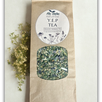 A kraft paper pouch of Ally Blythe Y.E.P tea