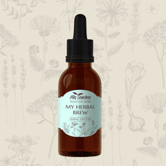 A Personal Herbal Brew on a cream background with soft mixed botanical illustrations