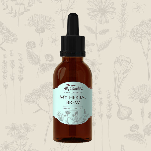 A Personal Herbal Brew on a cream background with soft mixed botanical illustrations