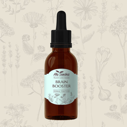 Brain Booster on a cream background with soft mixed botanical illustrations
