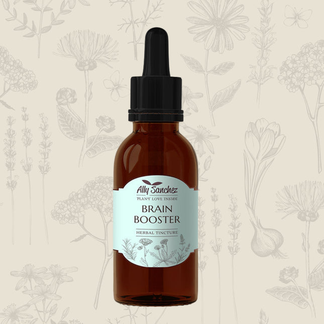 Brain Booster on a cream background with soft mixed botanical illustrations