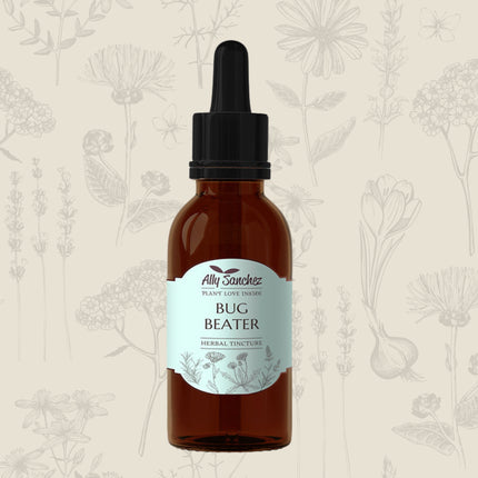 Bug Beater on a cream background with soft mixed botanical illustrations
