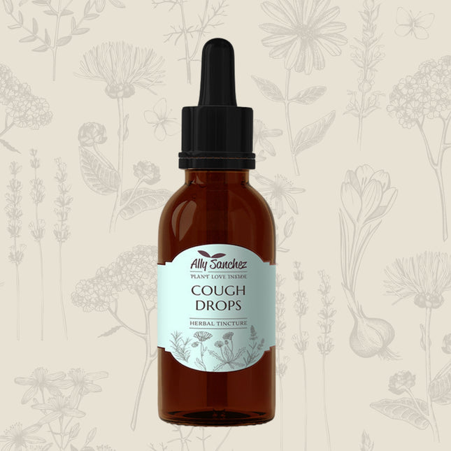 Cough Drops on a cream background with soft mixed botanical illustrations