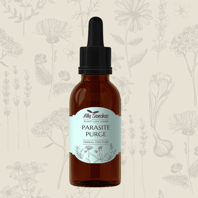 Parasite Purge on a cream background with soft mixed botanical illustrations