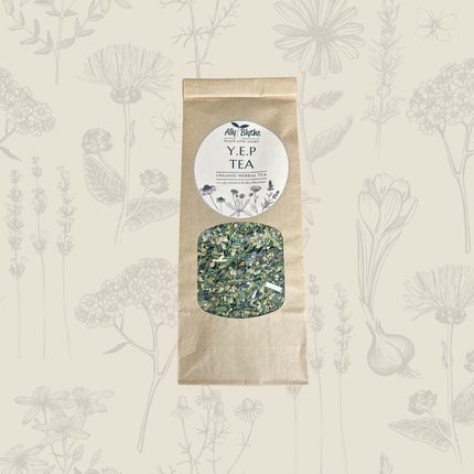 Y.E.P Organic Tea — Yarrow, Elderflower & Peppermint on a cream background with soft mixed botanical illustrations