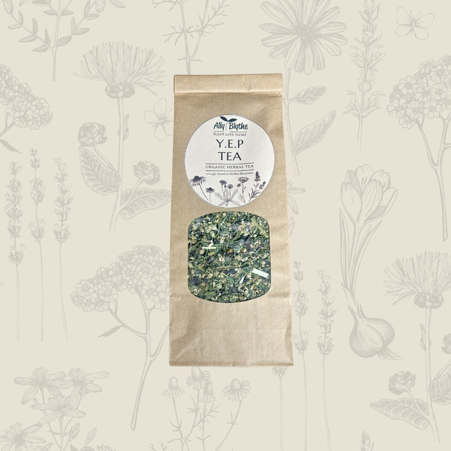 Y.E.P Organic Tea — Yarrow, Elderflower & Peppermint on a cream background with soft mixed botanical illustrations